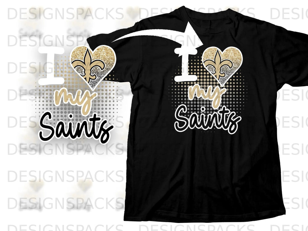 Black t-shirt with "I ♡ my Saints" graphic featuring a heart with a fleur-de-lis emblem.