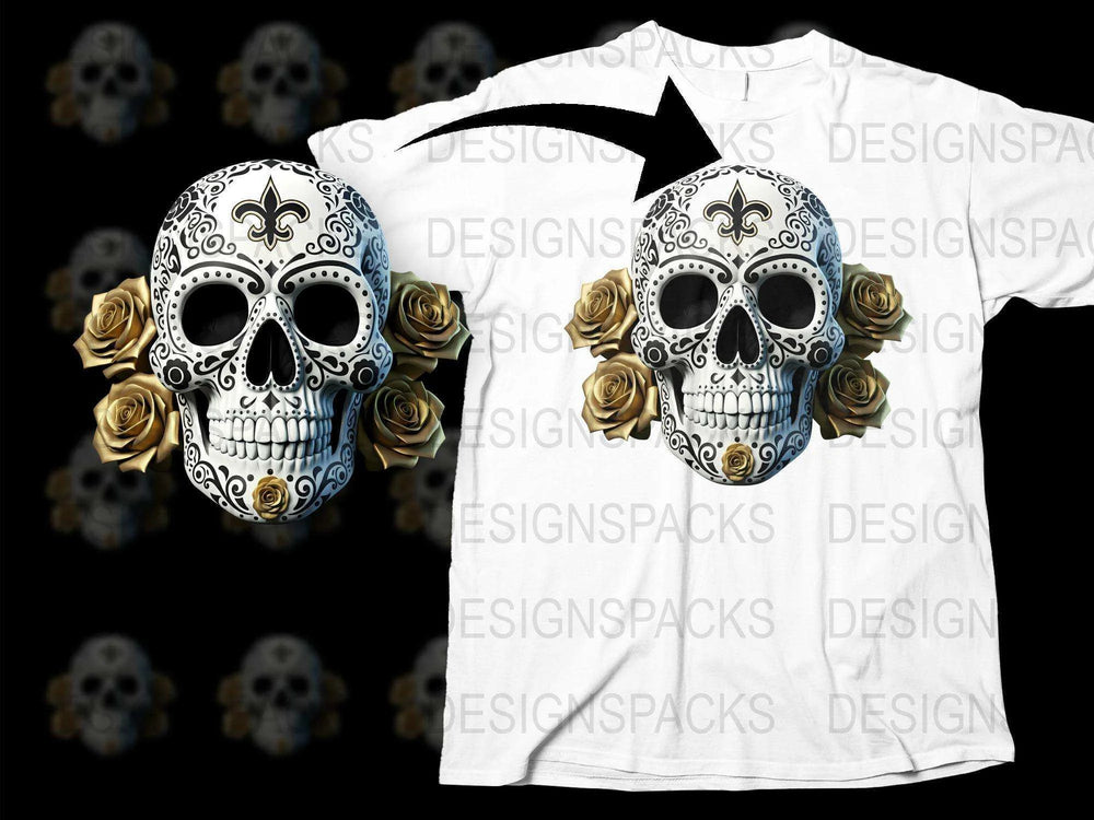 Sugar Skull T-Shirt with Rose Accents, Gothic Floral Skull Graphic Tee, Unisex White Shirt