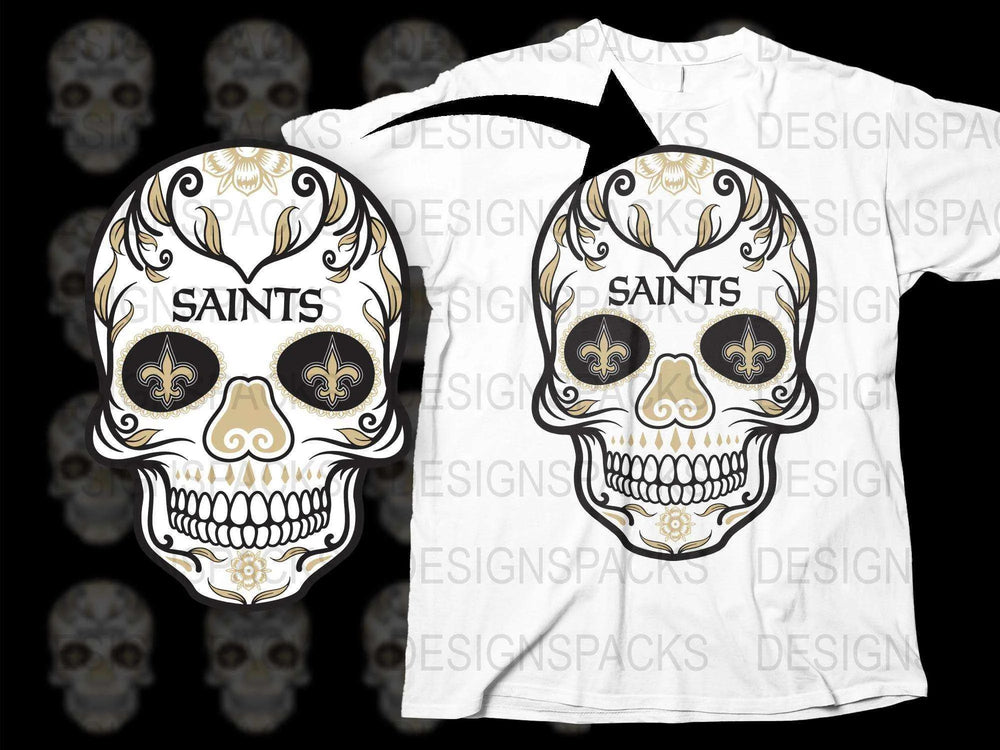 Saints Skull T-Shirt, Gold Fleur-de-Lis Design, Gothic Fashion, White Tee, Men's and Women's Sizes Available