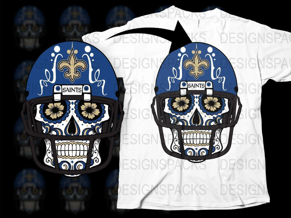 Skull Helmet Design T-Shirt, Blue and Gold Floral Pattern, Unique Saints Graphic Tee for Men and Women
