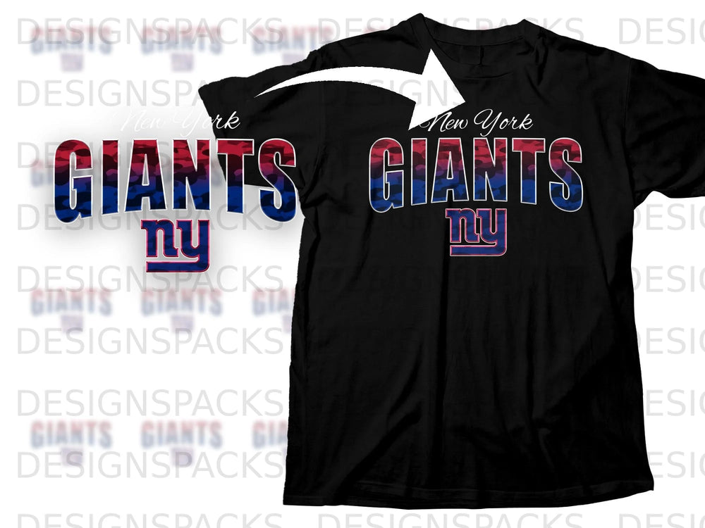 Black t-shirt with New York Giants logo and camo-style lettering.