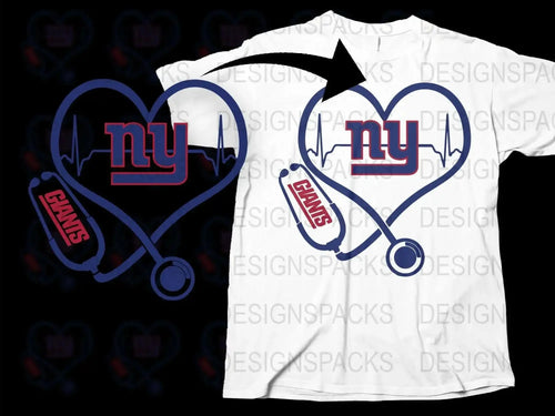 New York Sports Fan T-Shirt, Heartbeat Design with NY and Giants Logo, Unisex White Tee