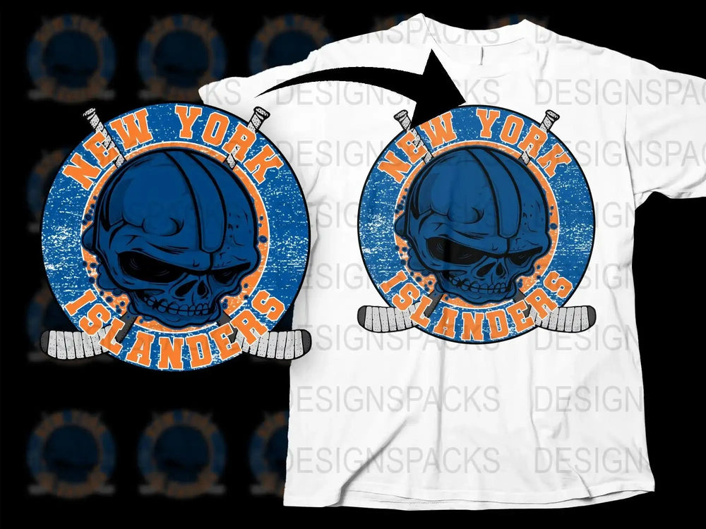 New York Islanders Skull Design Graphic Tee Png Digital Download