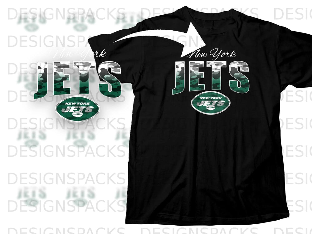 Black t-shirt with "New York JETS" logo and camouflage lettering.