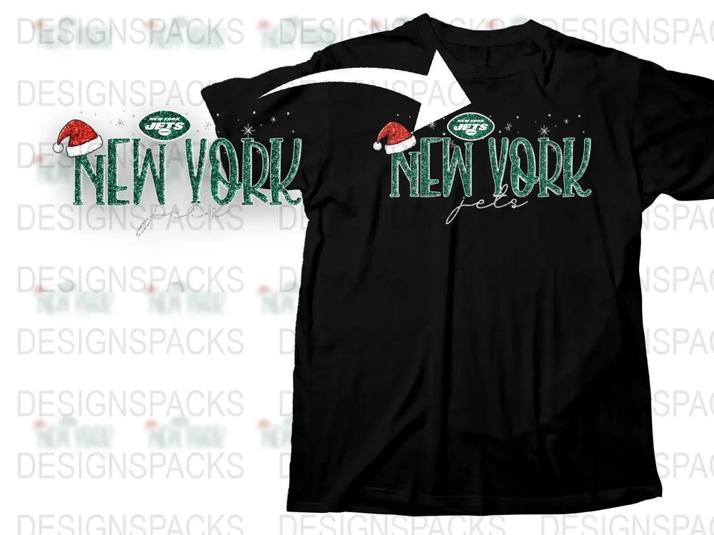 New York Jets Holiday T-Shirt, Festive Christmas Santa Hat Design, Graphic Tee for Football Fans, Unique Sports Apparel Gift