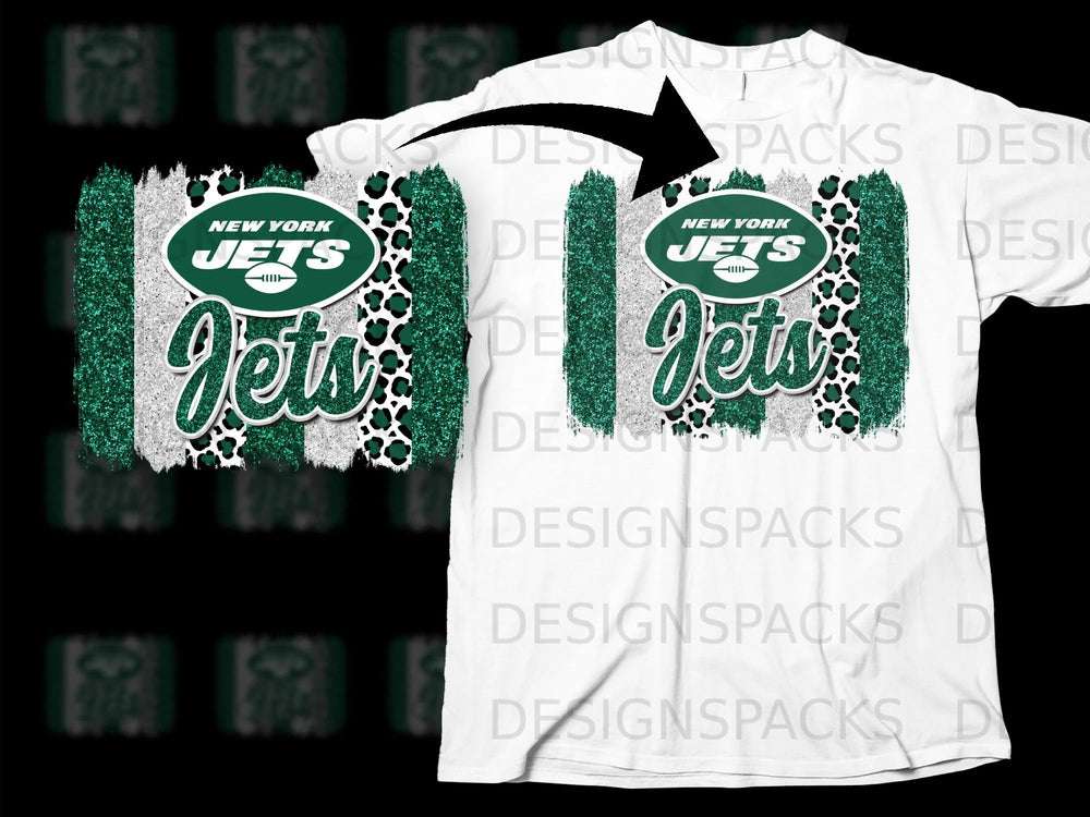 New York Jets logo with green glitter and leopard print on white t-shirt.