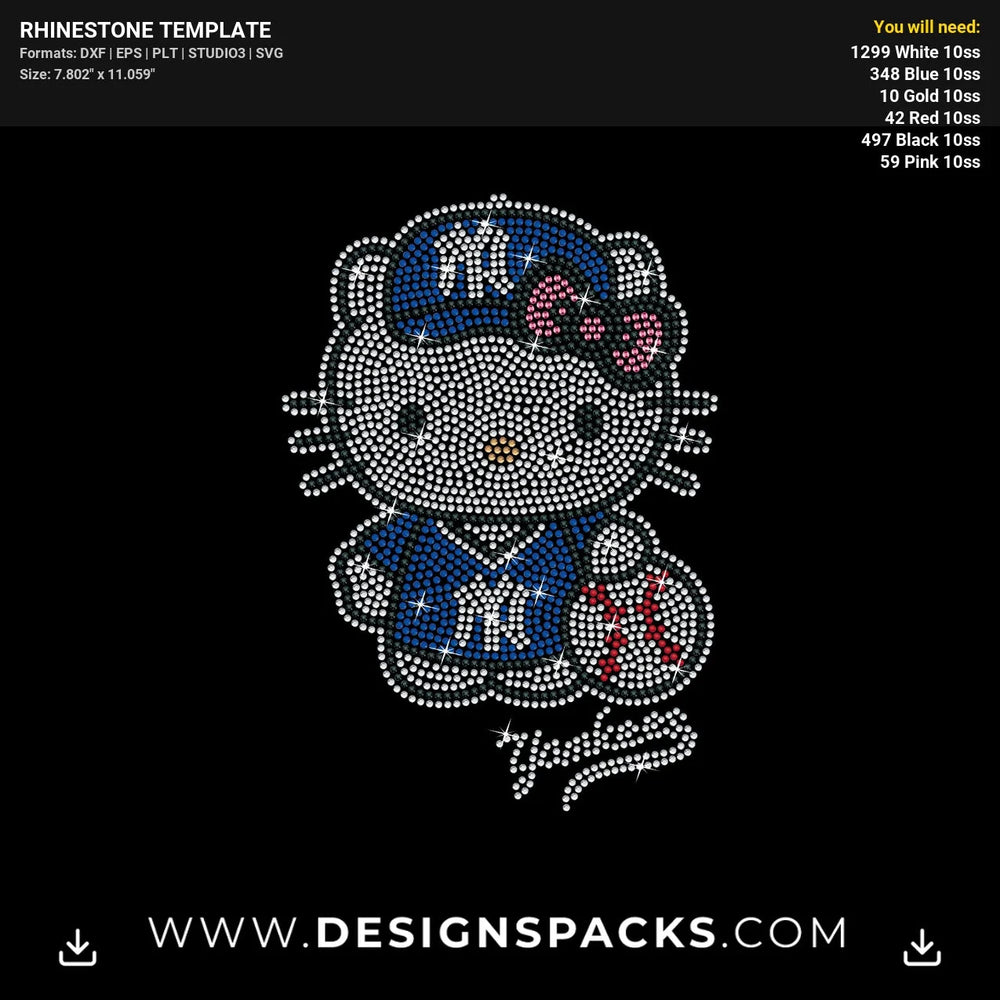 New York Yankees Baseball Hello Kitty Rhinestone Digital Template