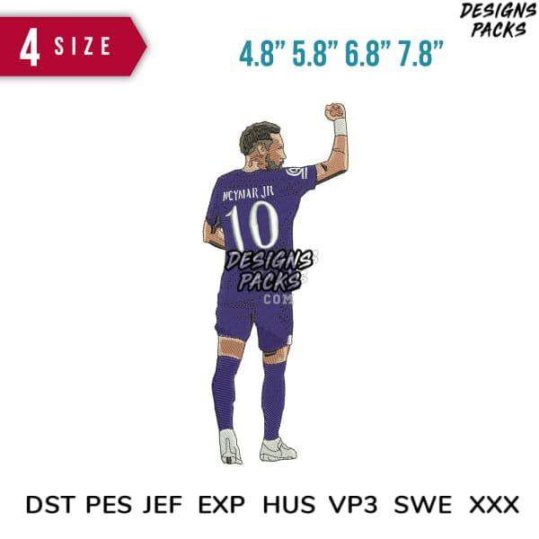 Soccer player embroidery design in purple jersey, available in multiple sizes and formats