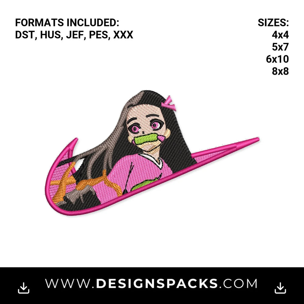 Nezuko Demon Slayer Pink Swoosh Embroidery Design - Instant digital download pattern at Designspacks.com
