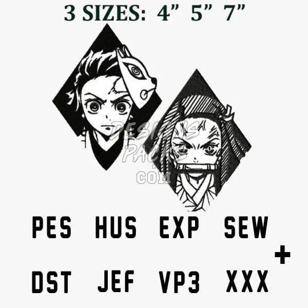 Demon Slayer embroidery designs in 3 sizes, PES HUS EXP SEW DST JEF VP3 XXX formats