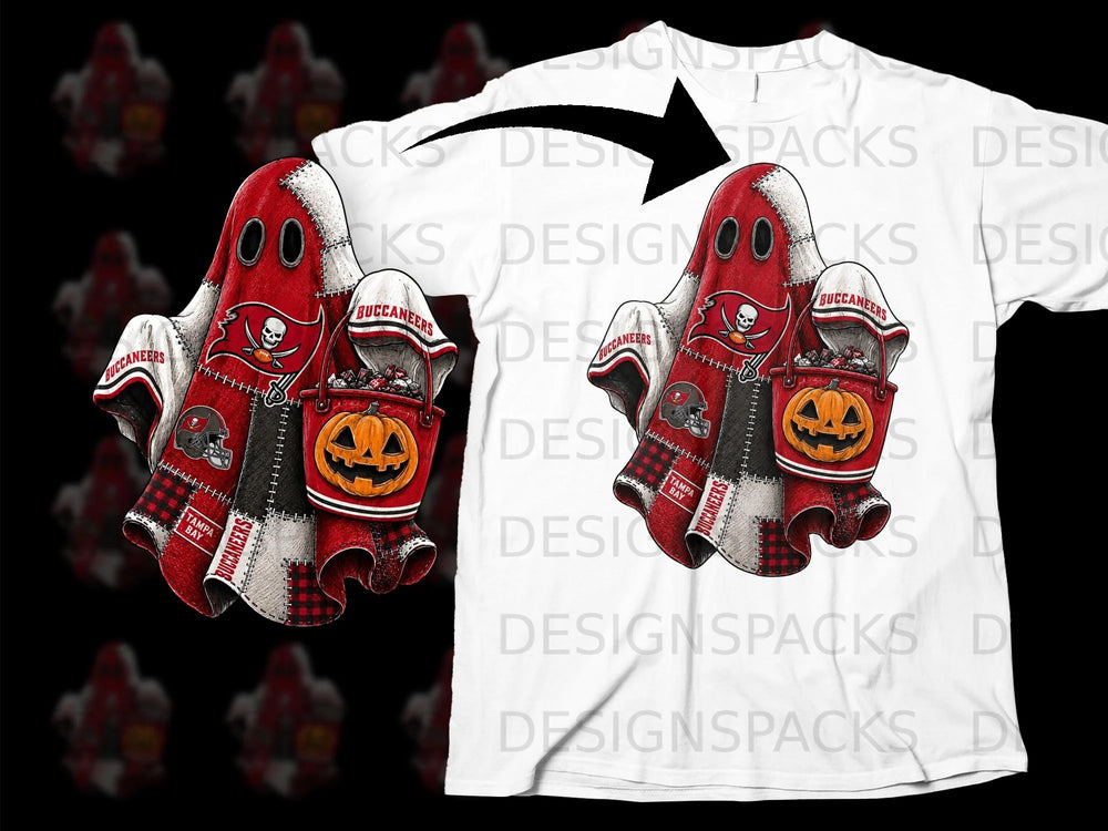 Tampa Bay Buccaneers themed ghost holding candy bucket with pumpkin and football helmet.