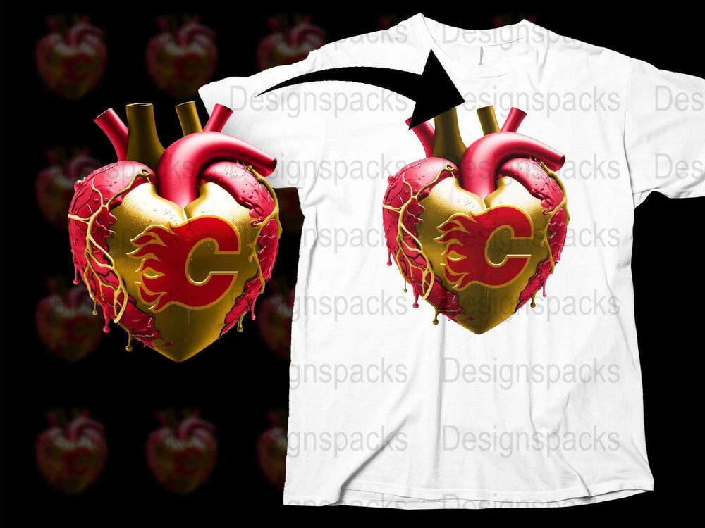 Unique Anatomical Heart T-Shirt, 3D Graphic Tee, Bold Red and Gold Design, Unisex Fashion Clothing