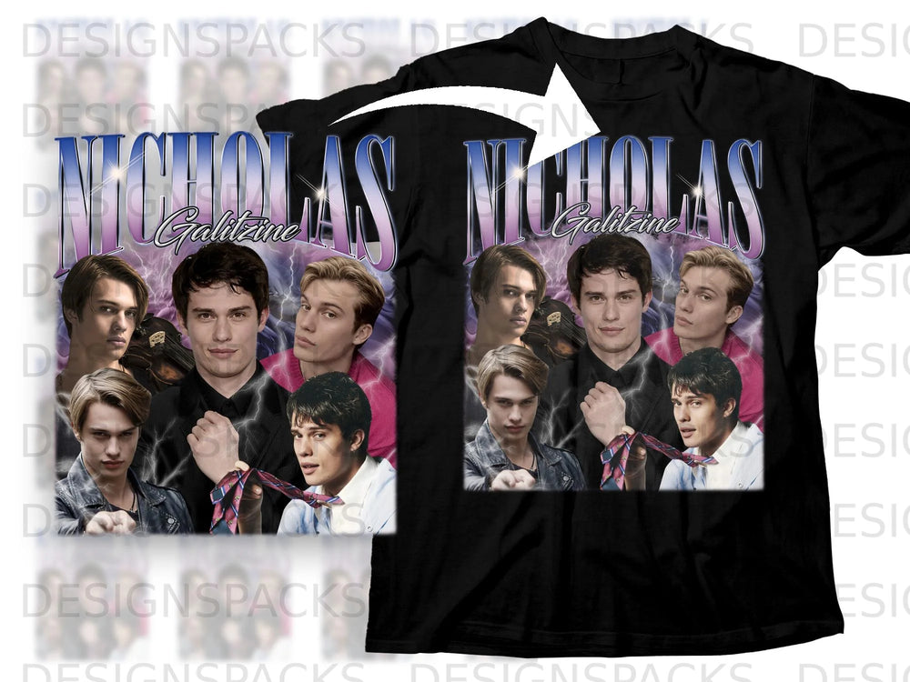 Black t-shirt with "NICHOLAS Galitzine" text and montage of young men.
