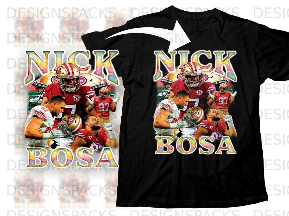 Black t-shirt with Nick Bosa graphic in red, yellow, and white.