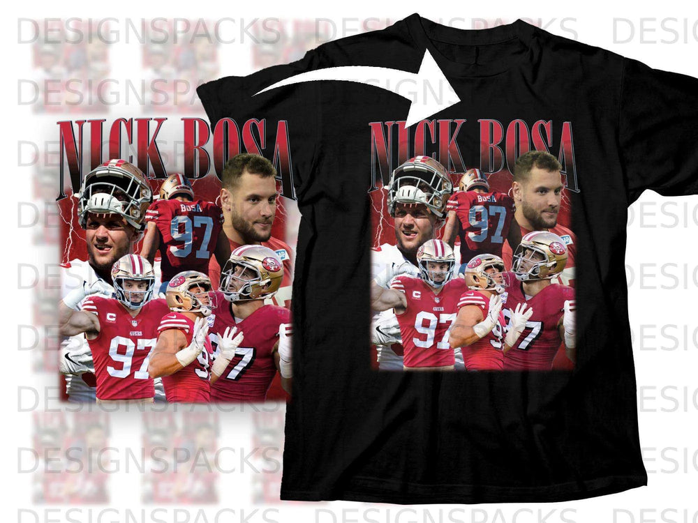 Black t-shirt featuring Nick Bosa, 49ers player, with large "NICK BOSA" text.