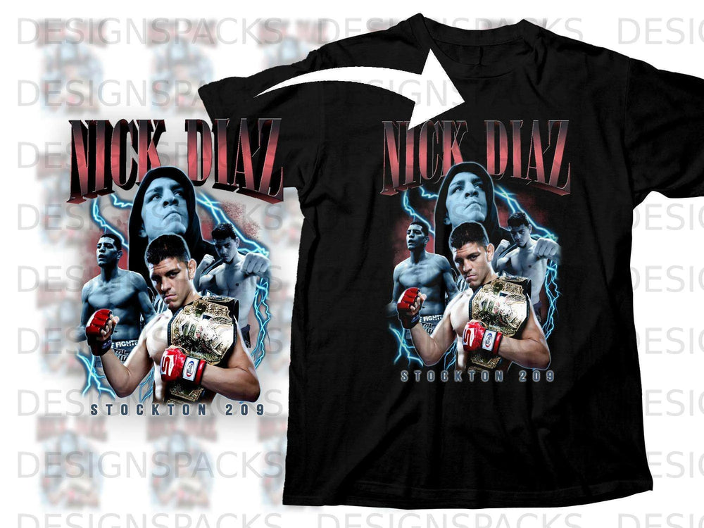 Black t-shirt with graphic of fighter Nick Diaz holding a championship belt.