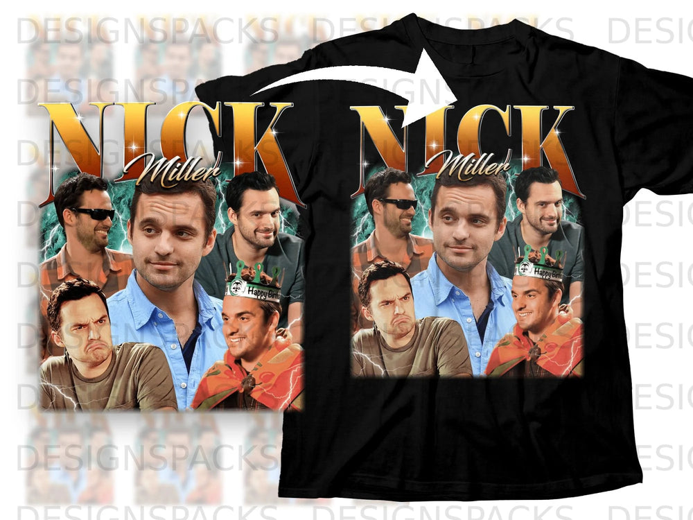 Black t-shirt featuring "Nick Miller" in large gold letters and four images of the actor.