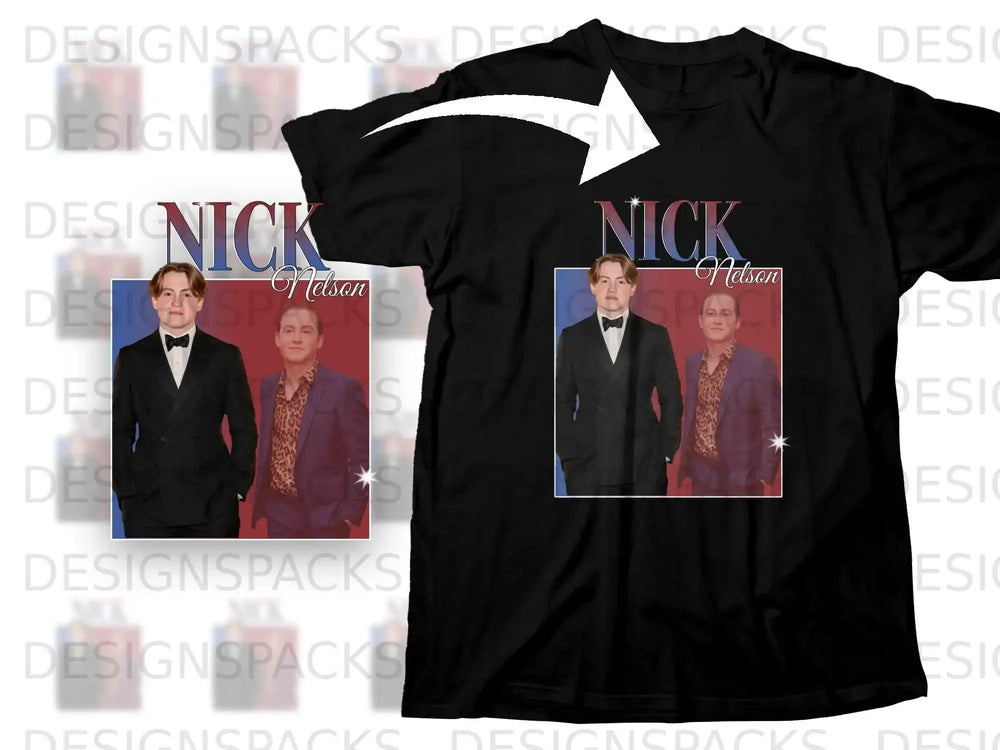 Black t-shirt featuring a rectangular graphic with Nick Nelson in a suit and patterned shirt.