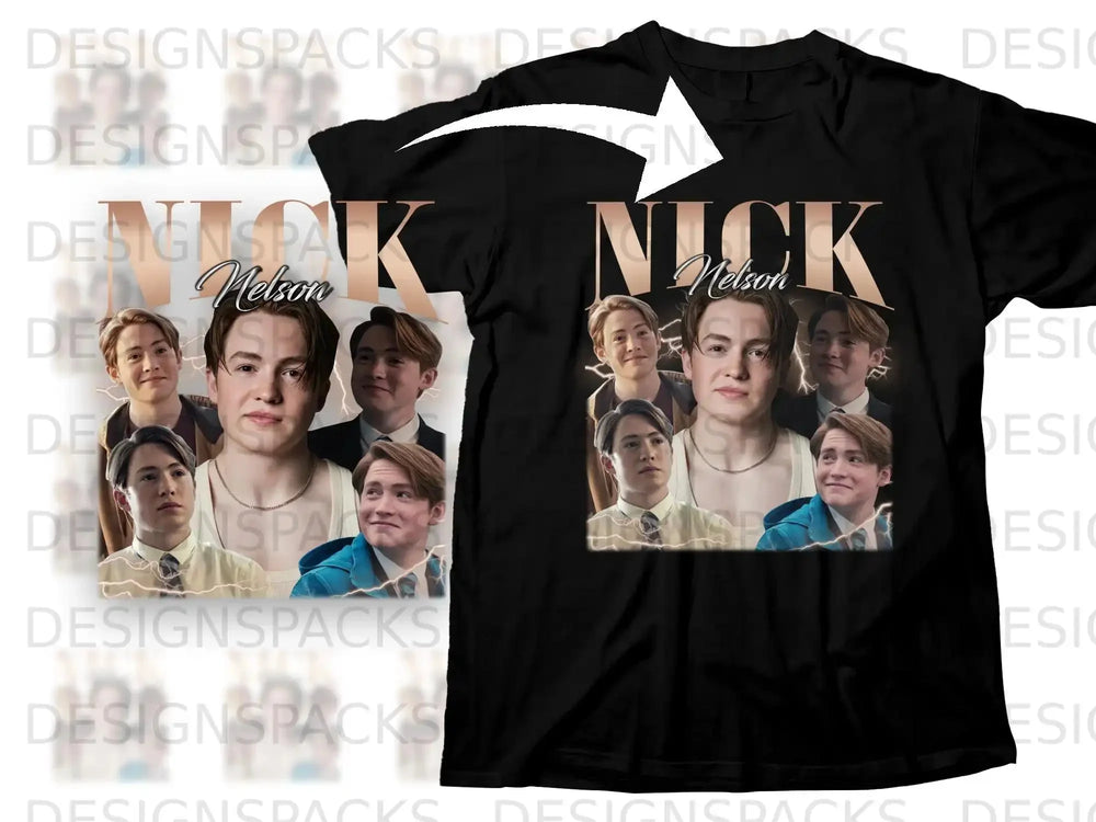 Black t-shirt with multiple images of actor Noah Jupe, text "Nelson" above.