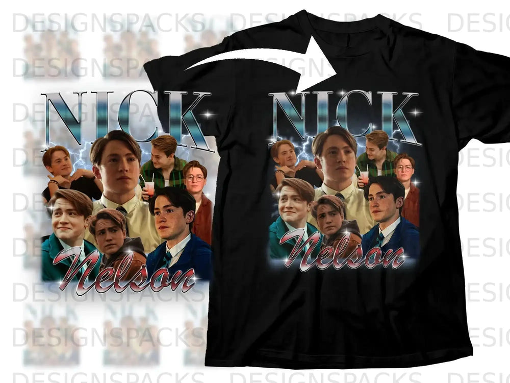 Black t-shirt with collage of young actor Nick Nelson and text "NICK NELSON".