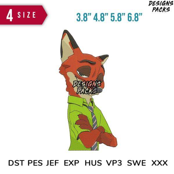 Fox character in green shirt, embroidery design with 4 sizes, DST PES formats