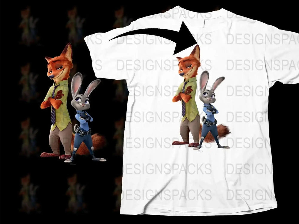 Zootopia Nick Wilde and Judy Hopps Graphic T-Shirt, Unisex Cartoon Character Tee, Movie Inspired Clothing