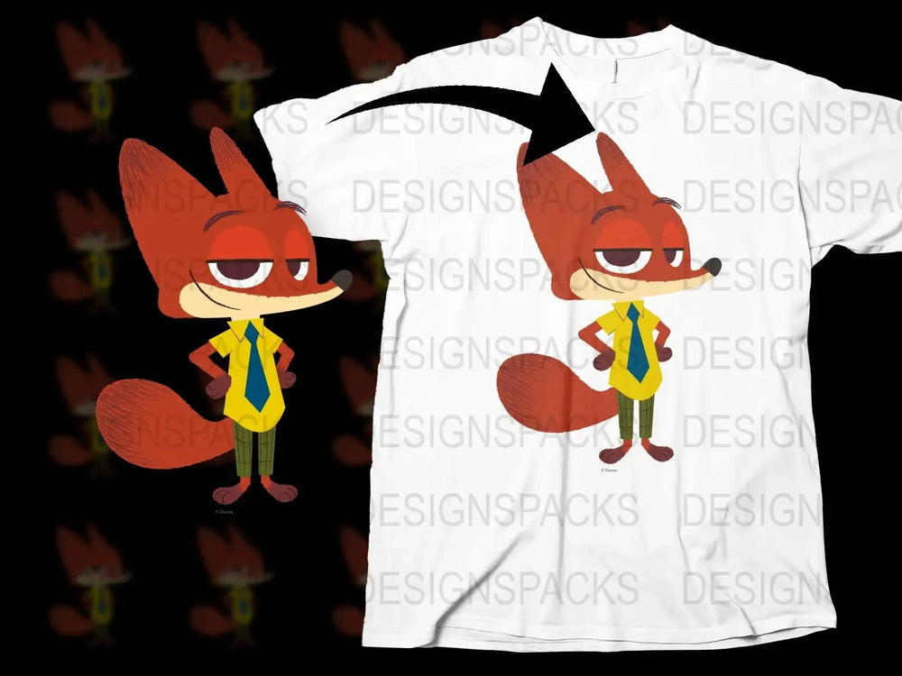 Cartoon Fox Character T-Shirt, Red and Yellow Casual Crew Neck, Unisex Graphic Tee for All Ages