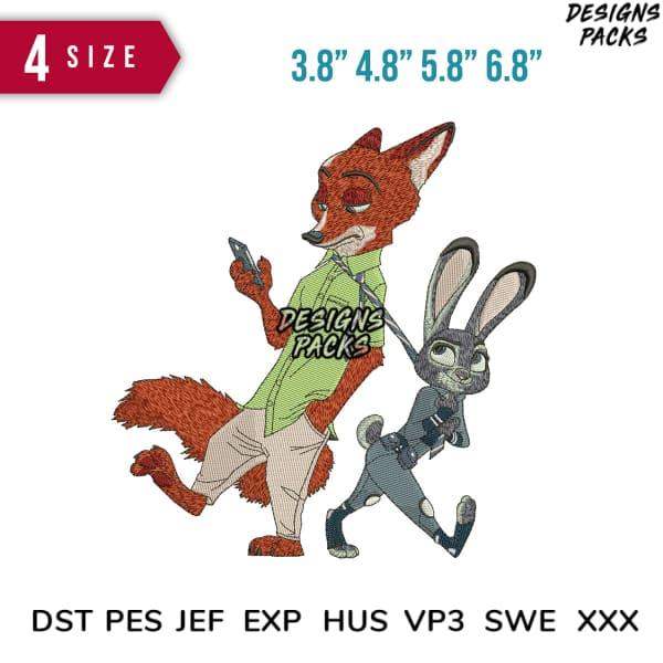 Embroidery design of fox and rabbit in action pose, available in multiple sizes and formats
