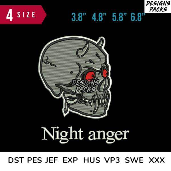 Night Anger skull embroidery design in 4 sizes, red eyes, DST PES JEF formats for instant download