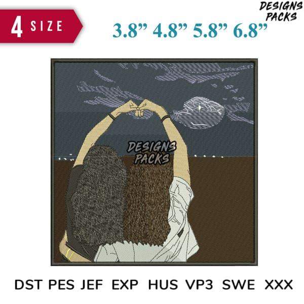 Embroidery design of couple forming heart with hands, available in 4 sizes & multiple formats