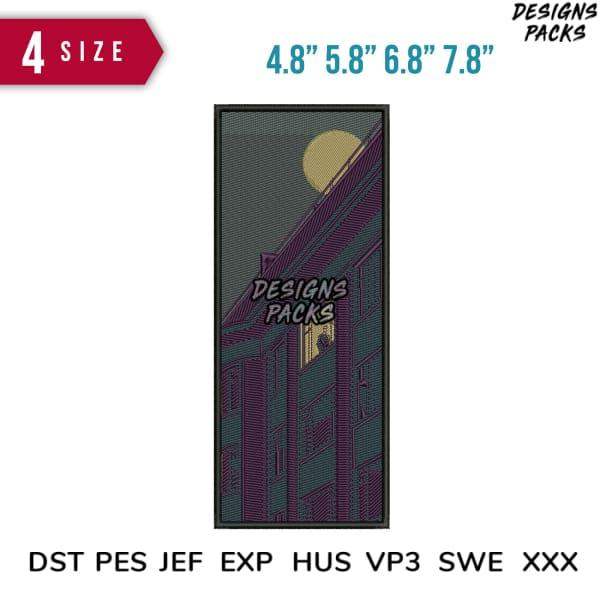 Night cityscape embroidery design with moon, available in 4 sizes & multiple formats (DST, PES, JEF, etc.)