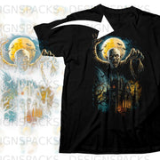 Black t-shirt with a monster reaching out under a full moon.