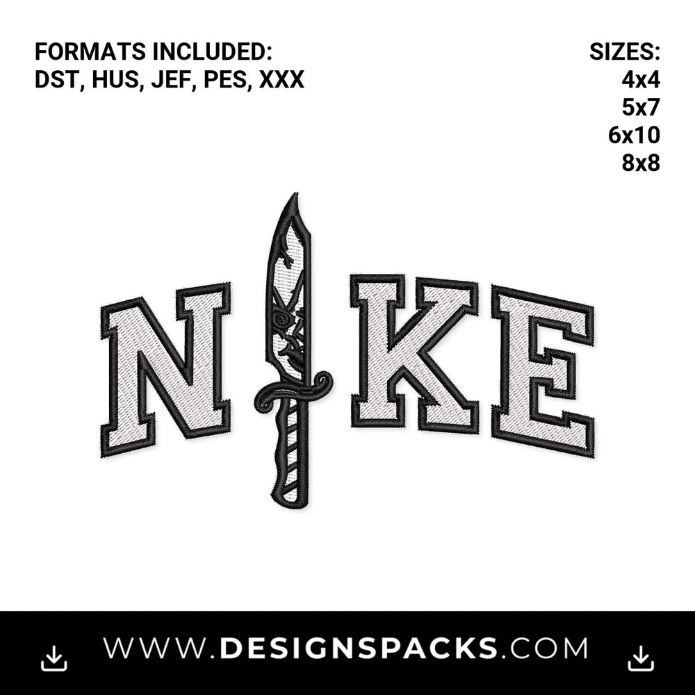 Nike Dagger Knife Varsity Font Embroidery Design - Instant digital download pattern at Designspacks.com