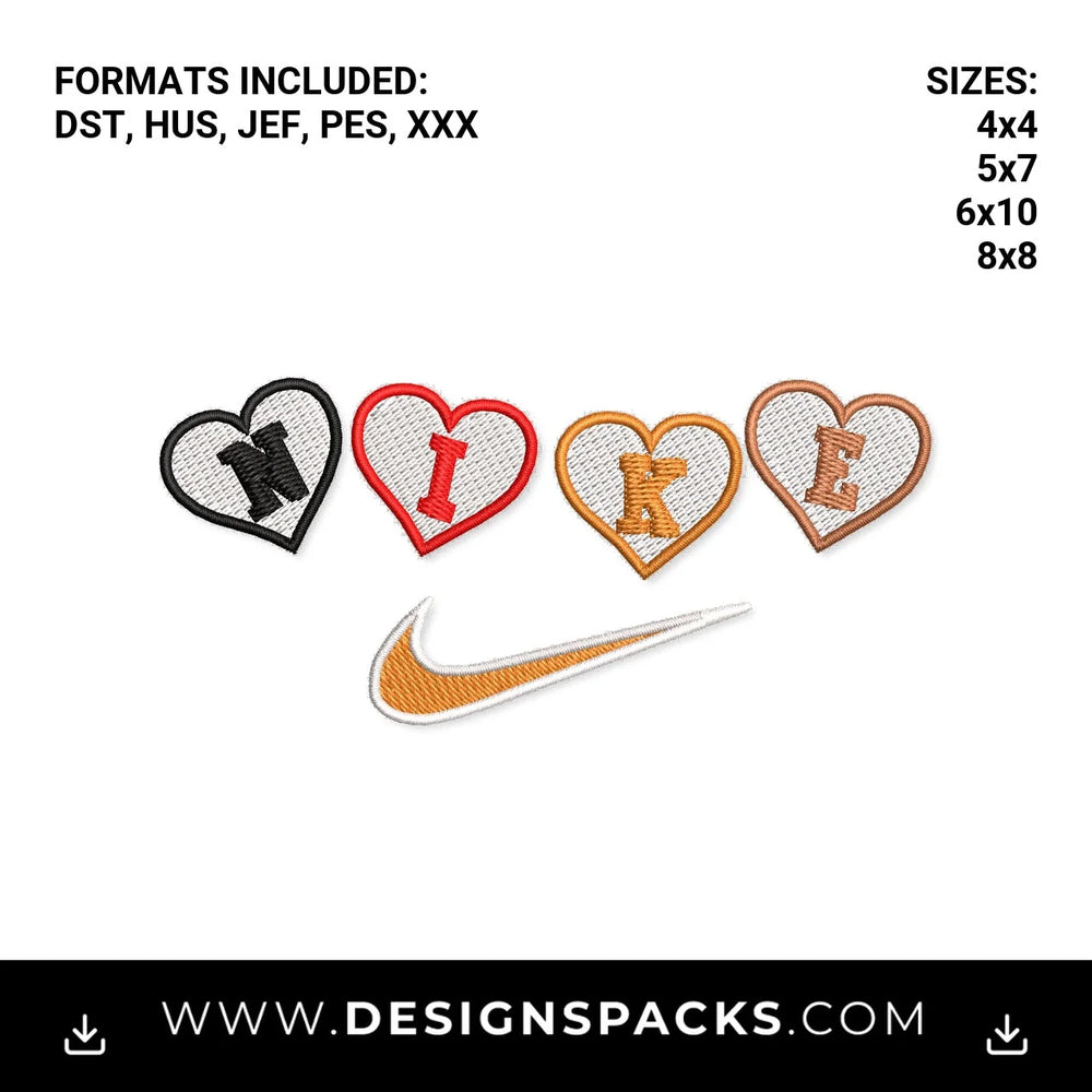 Nike Heart Letters with Swoosh Pattern Embroidery Design - Instant digital download pattern at Designspacks.com