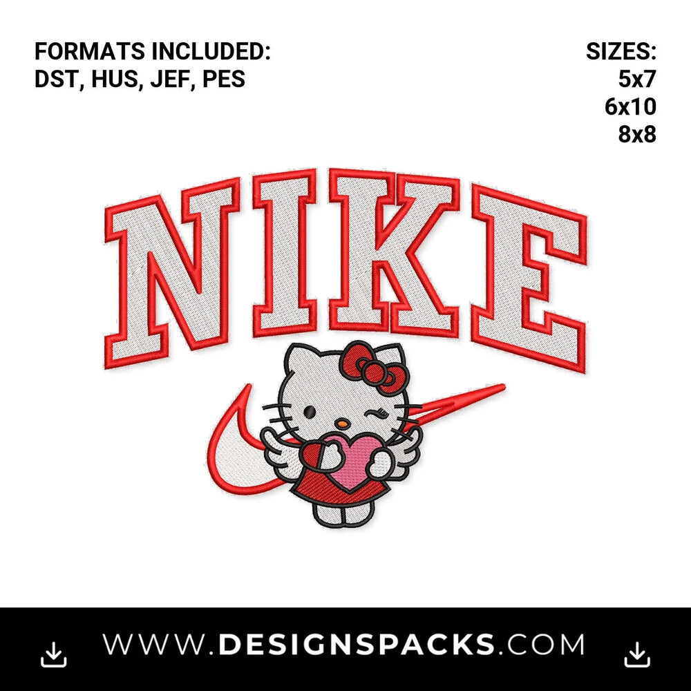 Nike Hello Kitty Swoosh Angel Heart Embroidery Design - Instant digital download pattern at Designspacks.com