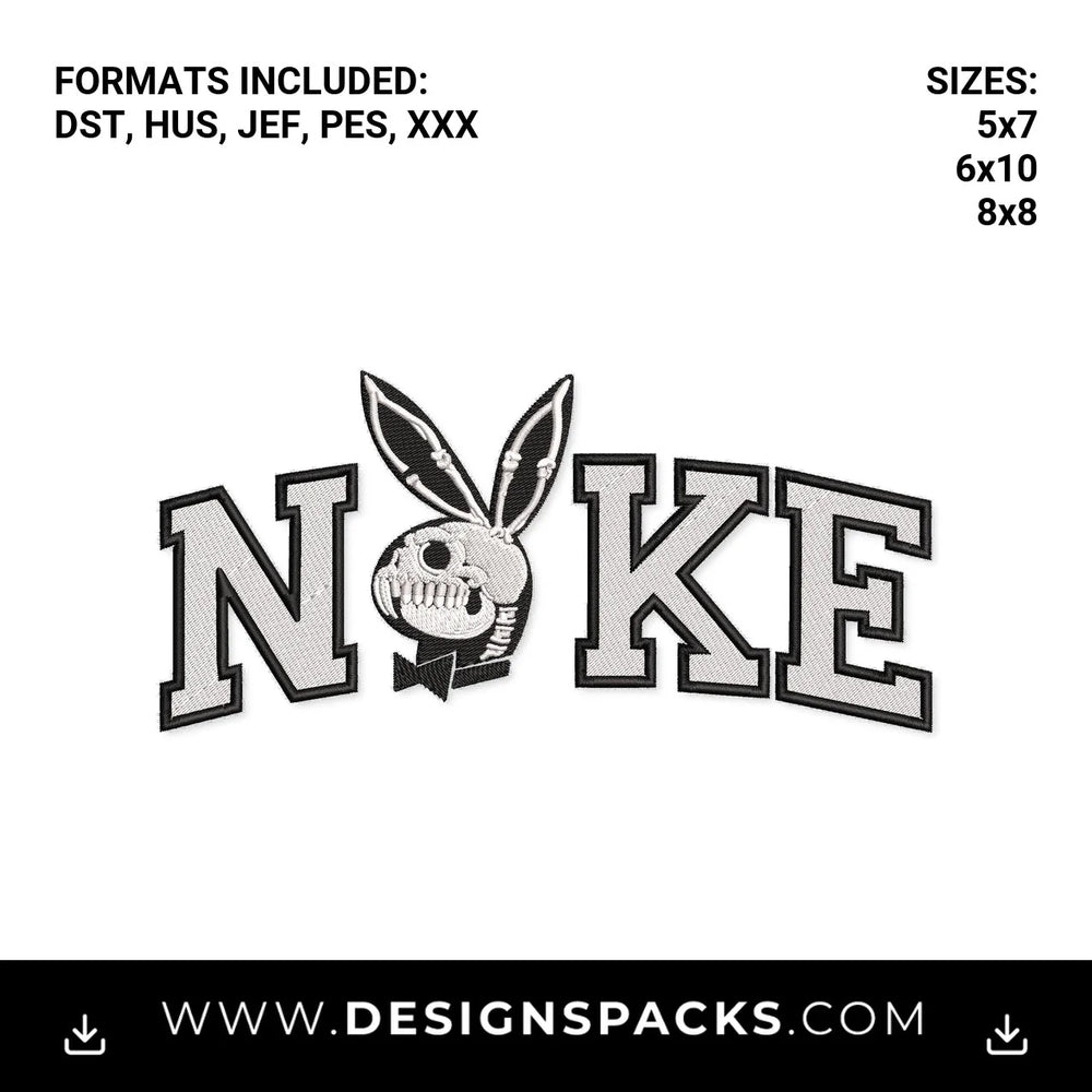 Nike Playboy Bunny Skull Varsity Embroidery Design - Instant digital download pattern at Designspacks.com