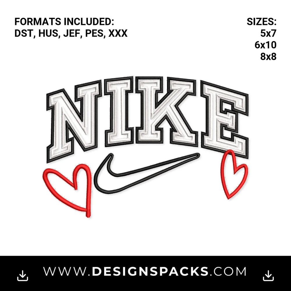 Nike Varsity Swoosh With Red Hearts Embroidery Design - Instant digital download pattern at Designspacks.com