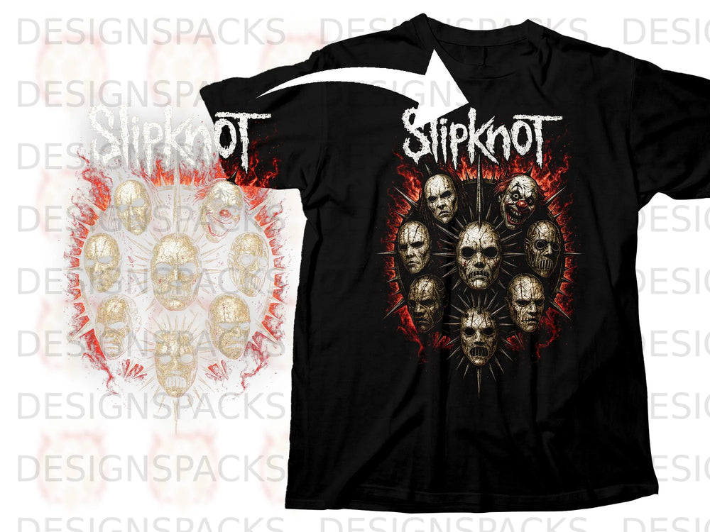 Black t-shirt with a Slipknot logo and multiple masks on a fiery background.