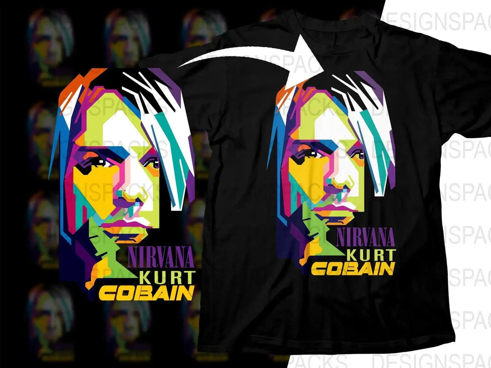 Vibrant Kurt Cobain graphic t-shirt design with colorful geometric art for DTF/DTG printing