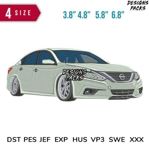 Embroidery design of a modern sedan car in 4 sizes, compatible with DST PES JEF formats for instant download.