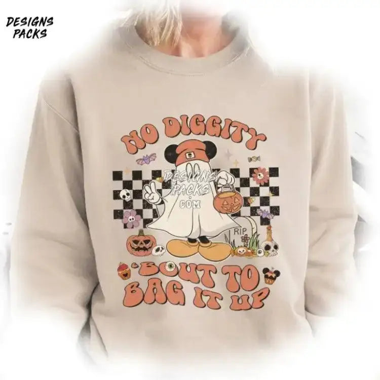 No Diggity Bout To Bag It Up Mickey Not So Scary Vintage Cartoon Ghost Halloween Png Design