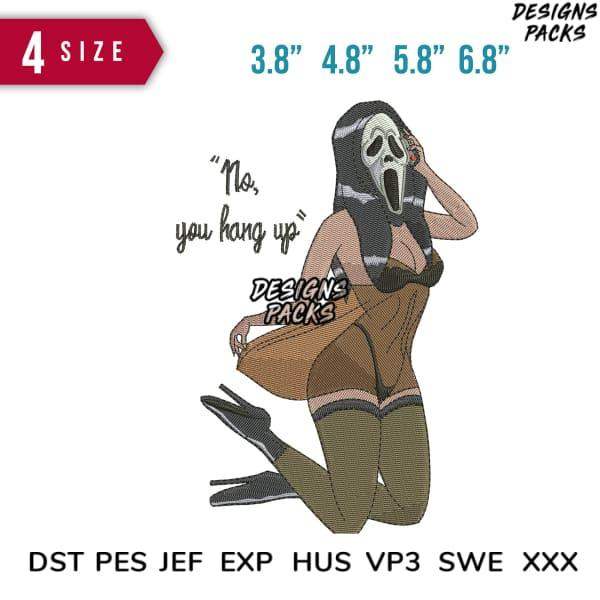 Scream mask girl embroidery design in 4 sizes, DST PES JEF formats, instant download
