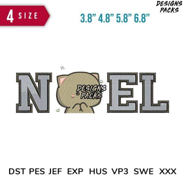 Noel embroidery design with cat, available in 4 sizes and multiple formats for instant download