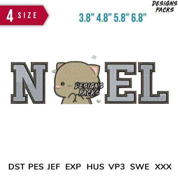 Noel Christmas embroidery design with cute cat, available in multiple sizes and formats