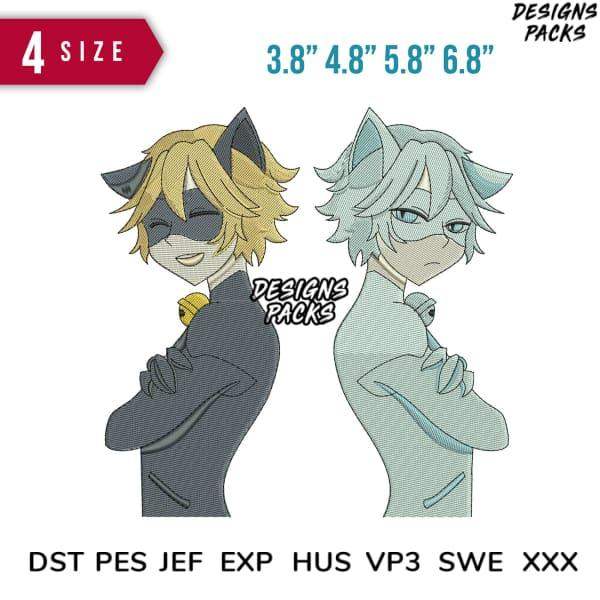 Anime cat characters in 4 sizes, embroidery designs for DTF/DTG, print-ready formats