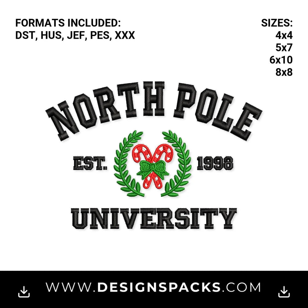 North Pole University Christmas Crest Embroidery Design - Instant digital download pattern at Designspacks.com