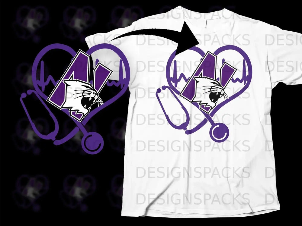 Purple Heart Stethoscope Cat Design for Nurse Shirt