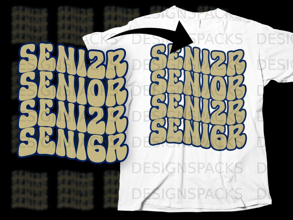 White t-shirt with repeated text "SENIOR" in bubbly gold and blue font.