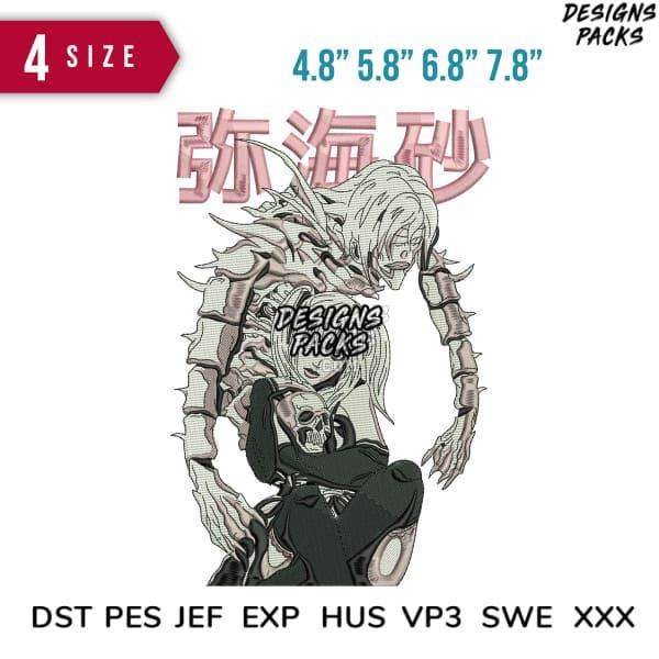 Anime skeleton design with Japanese text, available in 4 sizes & embroidery formats DST PES JEF