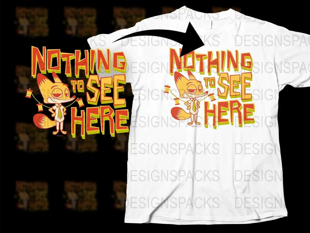 Cartoon Fox White T-Shirt 'Nothing to See Here' Graphic Tee, Unisex Casual Shirt, Animal Design Top, Funny Quirky Message Shirt